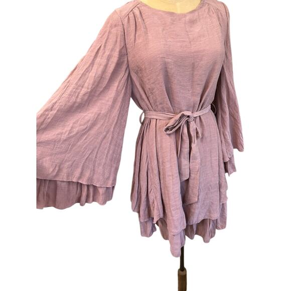 NWT!! "BLU IVY" Women's Dress SZ M Mauve/Lavender Fairy Midi Belt Flutter Sleeve - Picture 2 of 9